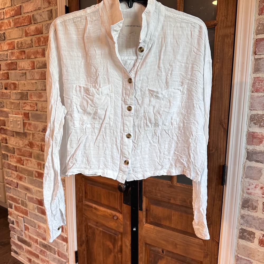 Aeropostale Crop Button Up Womens White Long Sleeve Gauze Rayon Shirt Large